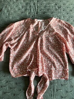 Sienna Sky Coral Pink Floral Tie-Front V-Neck Blouse